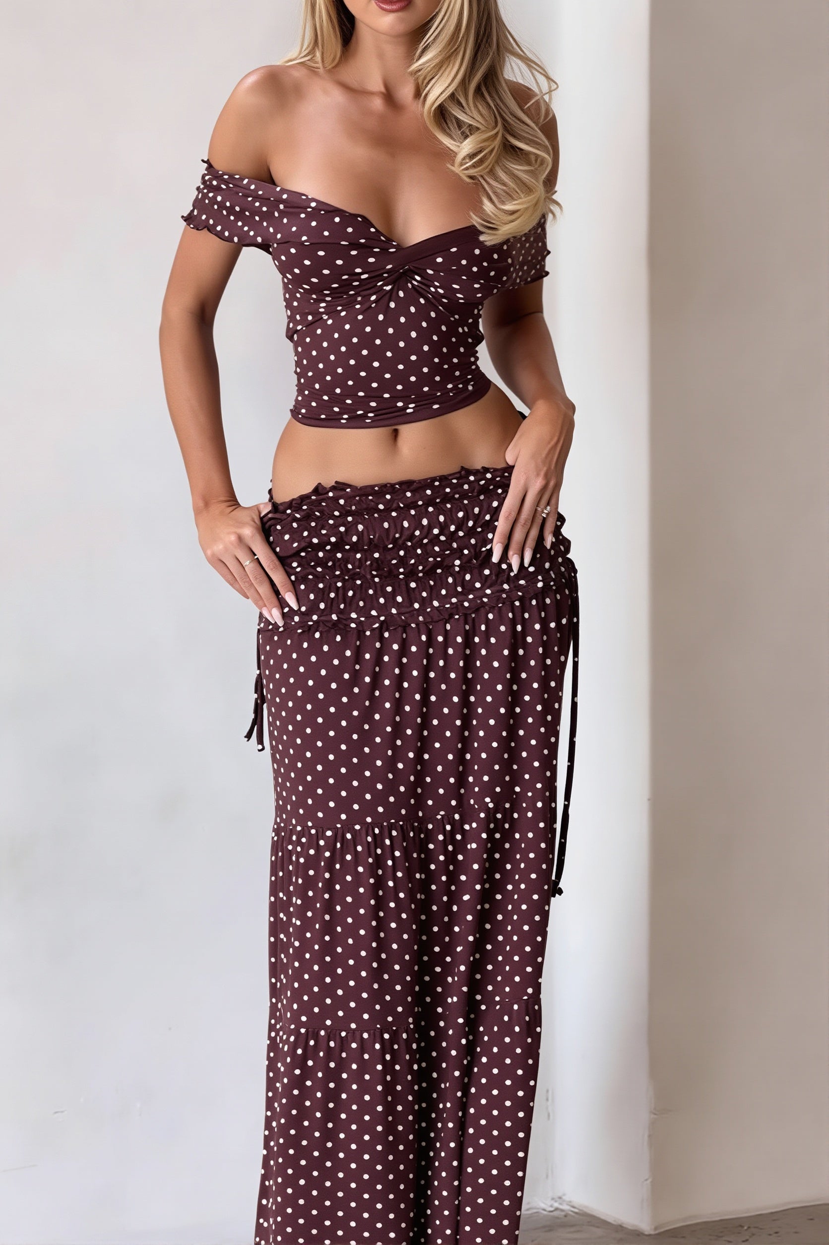 Off Shoulder Crop Top Polka Dot Fish Tail High Rise Skirt Sets
