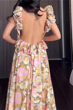 Ruffled V Neck Sleeveless Slim Fit Floral Dress