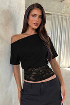 Asymmetric Off Shoulder Lace Waist Slim Crop T-Shirt