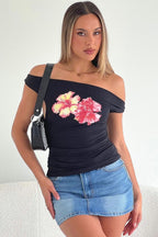Off Shoulder Floral Print Crop T-Shirt