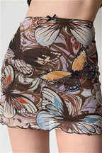 Vintage Printed Mesh Bodycon Mini Skirt