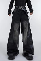 Wide Leg Pu Leather Patchwork Jeans