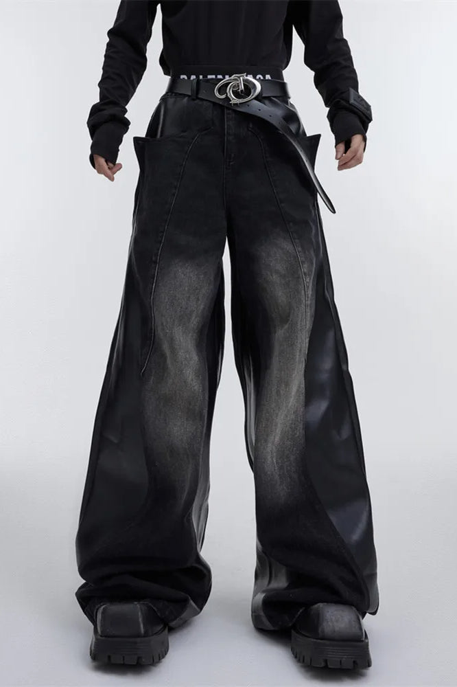 Wide Leg Pu Leather Patchwork Jeans