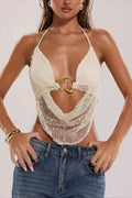 Halter Hollow Mesh V Neck O Ring Top