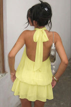Halter Neck Backless Solid Color Waist Cinching Puffy Mini Dress