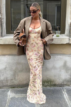 Low Cut U-Neck Floral Print Slit Cami Maxi Dress
