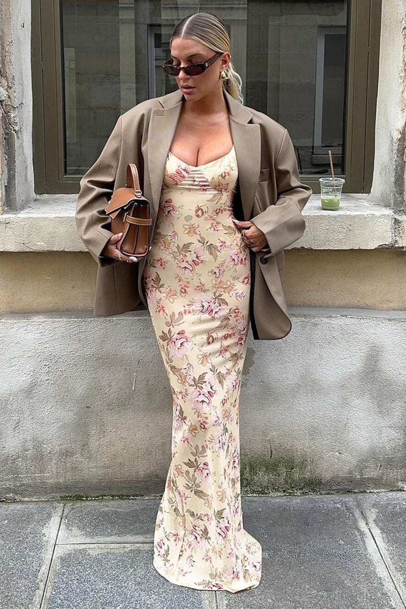 Low Cut U-Neck Floral Print Slit Cami Maxi Dress