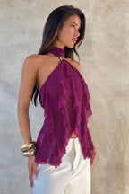 Solid Ruffle Slim Halter Top