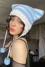 Fox Ears Color Block Striped Pom Knitted Hat