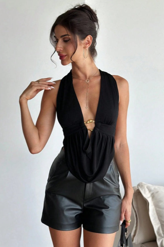 Solid Metal Buckle Backless Halter Top