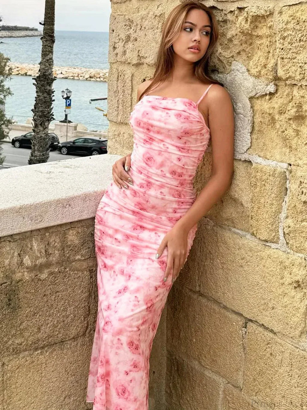Backless Draped Floral Print Maxi Dress