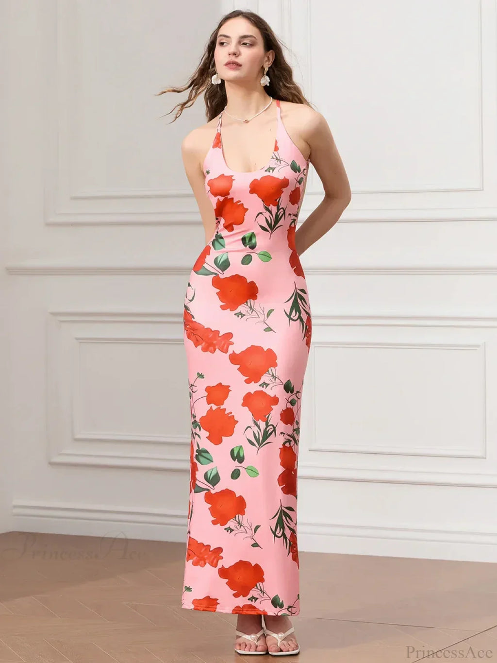 Backless Party Spaghetti Strap U-Neck Bodycon Evening Floral Dress