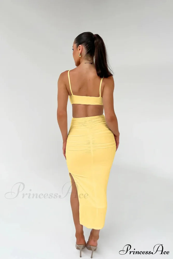 Backless Solid Fold Pleated Side Slit Summer Suspender Wrapped Buttocks Long Skirt Cut Out Dress