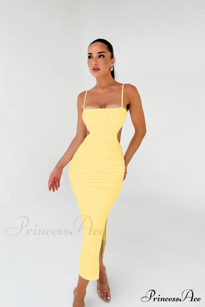Backless Solid Fold Pleated Side Slit Summer Suspender Wrapped Buttocks Long Skirt Cut Out Dress