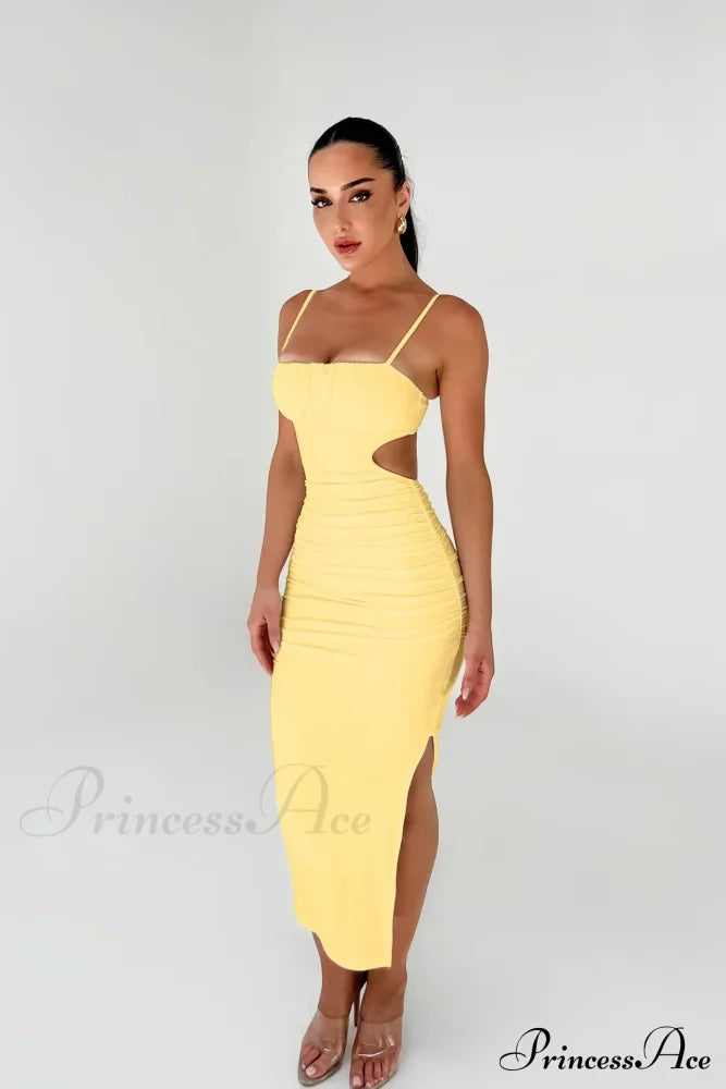 Backless Solid Fold Pleated Side Slit Summer Suspender Wrapped Buttocks Long Skirt Cut Out Dress
