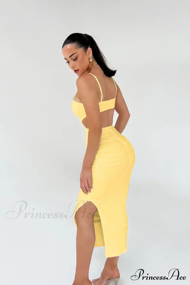 Backless Solid Fold Pleated Side Slit Summer Suspender Wrapped Buttocks Long Skirt Cut Out Dress