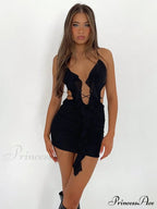 Backless Women Halter Ruffle Gown Party Coastal Festive Hollow - Out For Mini Bodycon Vestido