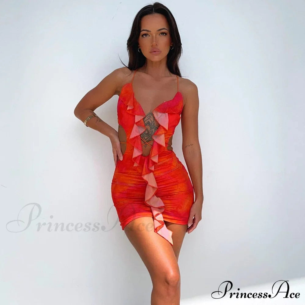 Backless Women Halter Ruffle Gown Party Coastal Festive Hollow - Out For Mini Bodycon Vestido