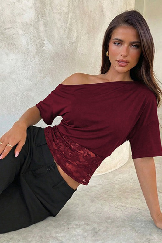 Asymmetric Off Shoulder Lace Waist Slim Crop T-Shirt