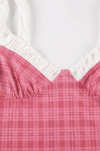 Red Plaid Mesh Ruched Two Piece Set