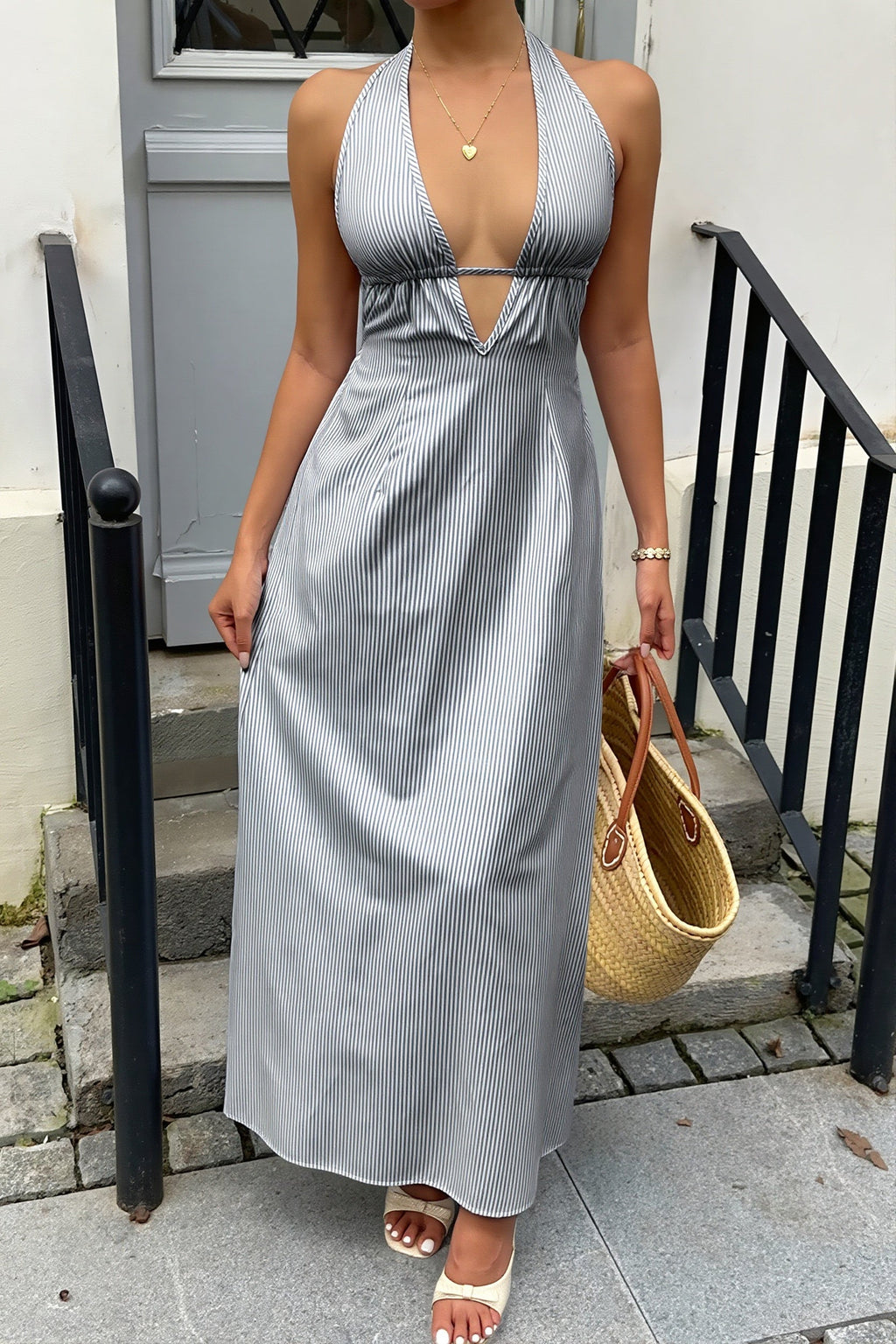Stripe Halter Backless Lace Up Maxi Dress