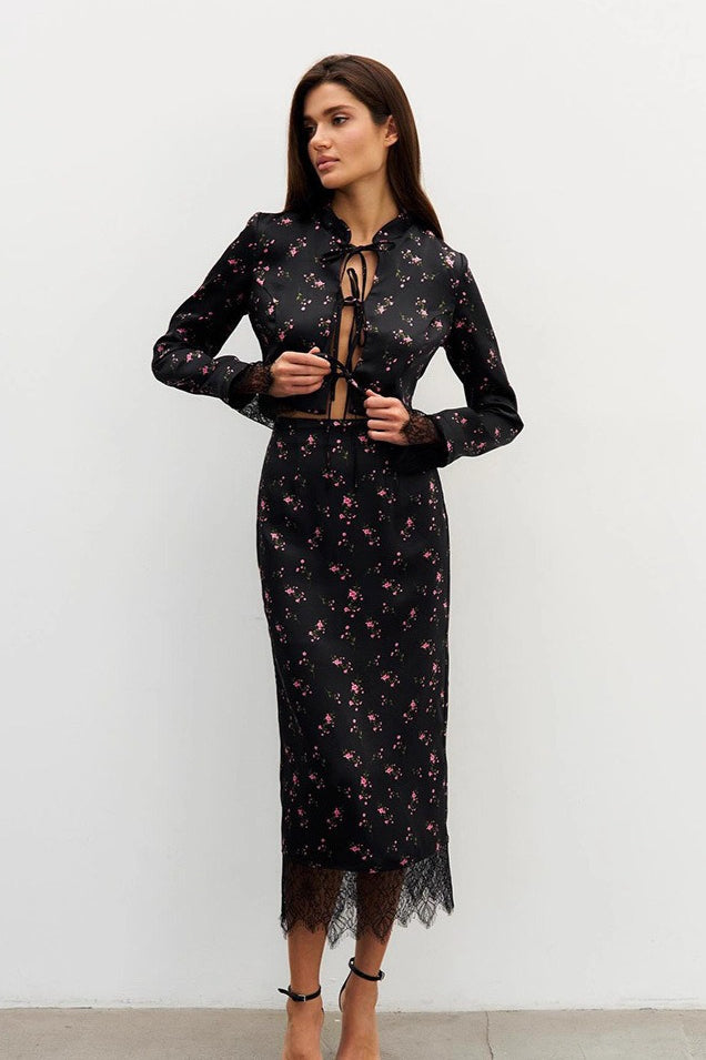 Slim Floral Print Long Sleeve Skirt Set