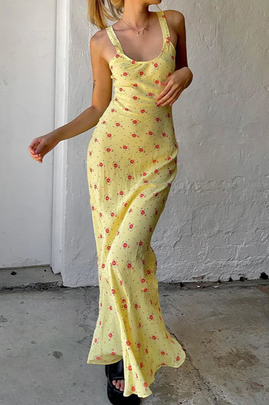 Floral Print Suspender Dress Long Fishtail Maxi
