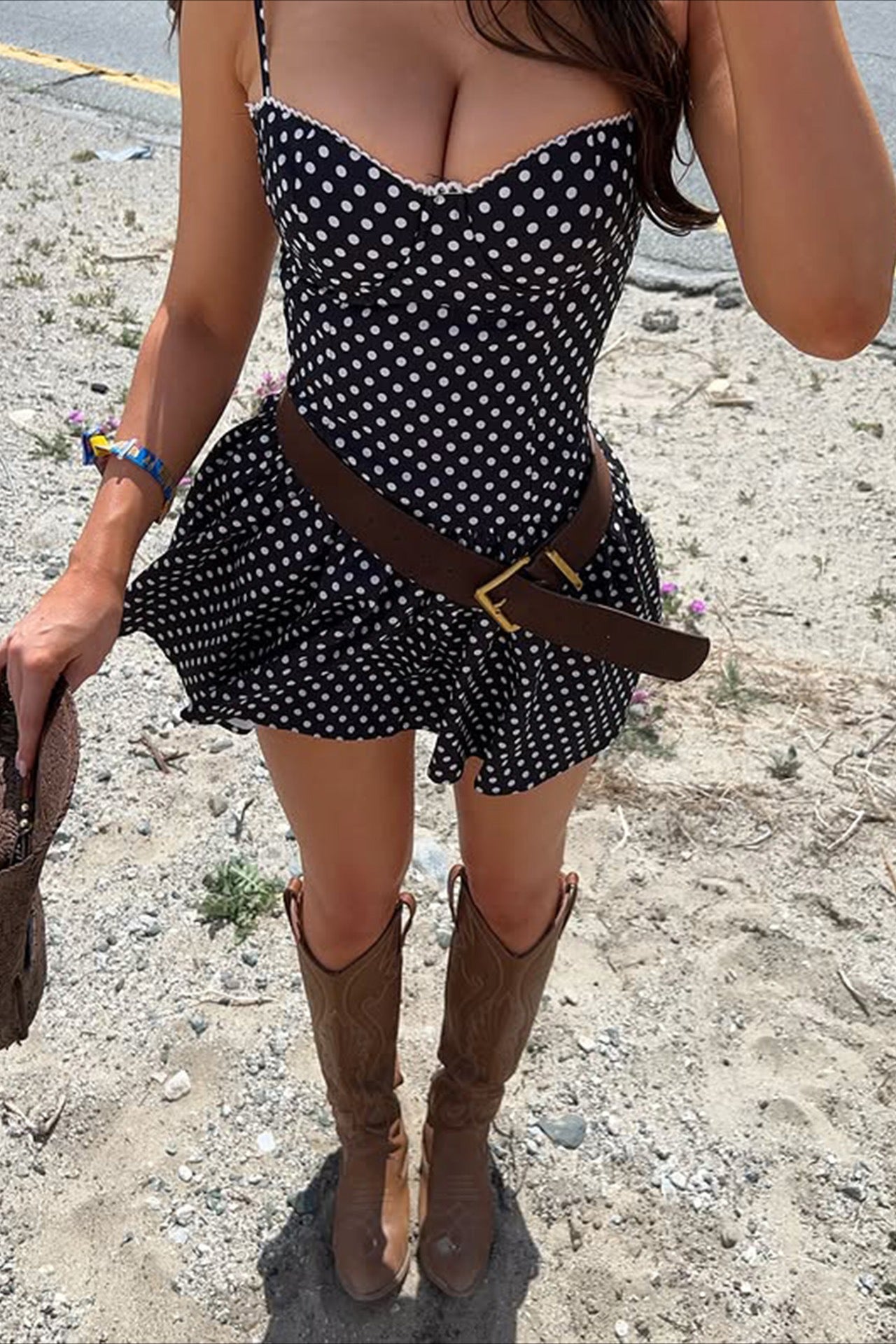 Polka Dot Bandeau Tie Waist Mini Dress