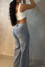 Rhinestone Belt High Waist Straight Jeans