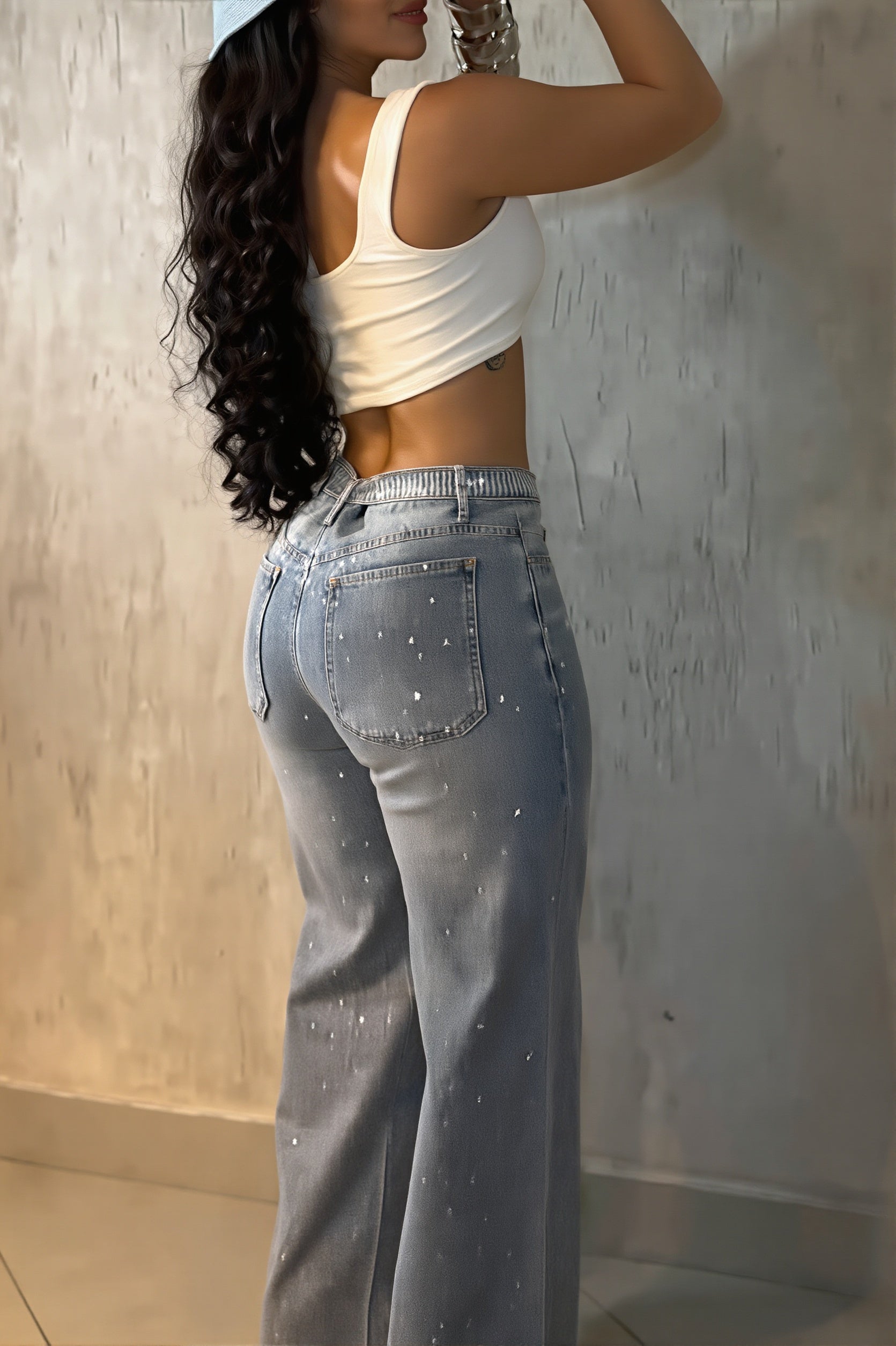Rhinestone Belt High Waist Straight Jeans