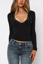 Solid V Neck Lace Slim Blouse