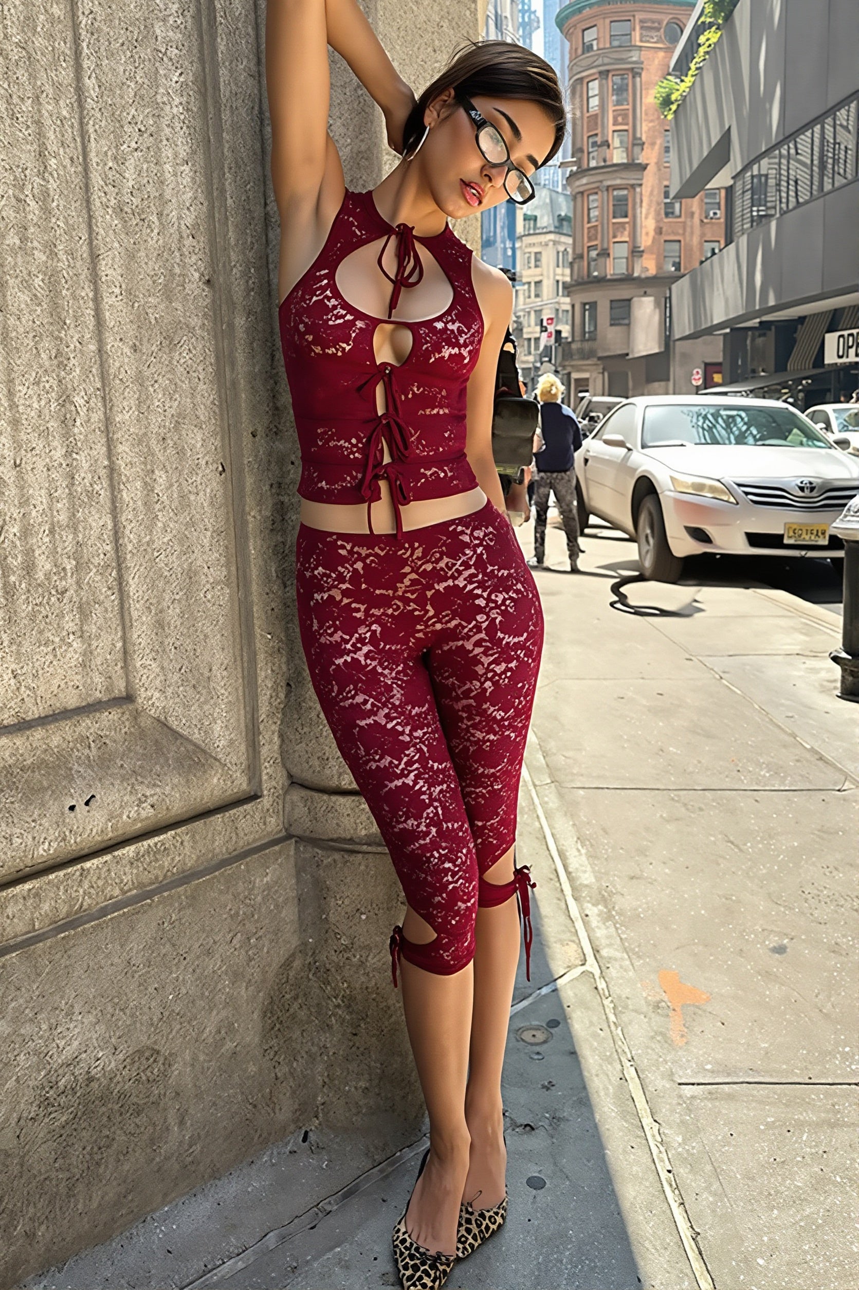 Cutout Lace Tie Two Piece Set
