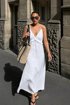 White Cotton Linen V-Neck Ruffle Loose Maxi Dress