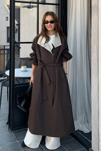 The Mind British Style Contrast-Collar Long Overcoat