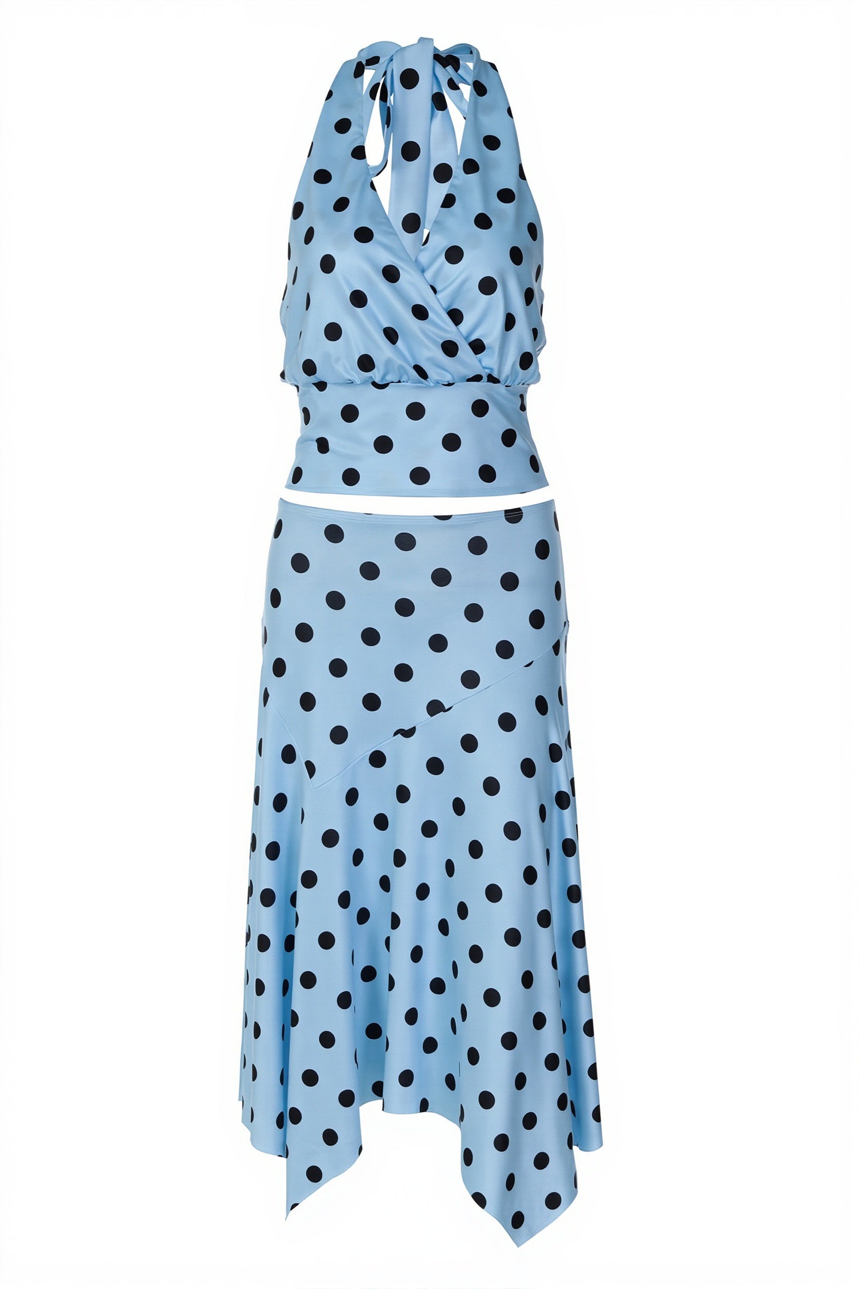 Polka Dot Halter Neck Crop Top Skirt Sets