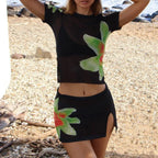 Beach Holiday 2 Piece Floral Print Sheer Mesh Short Sleeve T-Shirt + Mini A-Line Skirt Women Summer Cover-Ups Crop Tops 