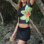 Beach Holiday 2 Piece Floral Print Sheer Mesh Short Sleeve T-Shirt + Mini A-Line Skirt Women Summer Cover-Ups Crop Tops 