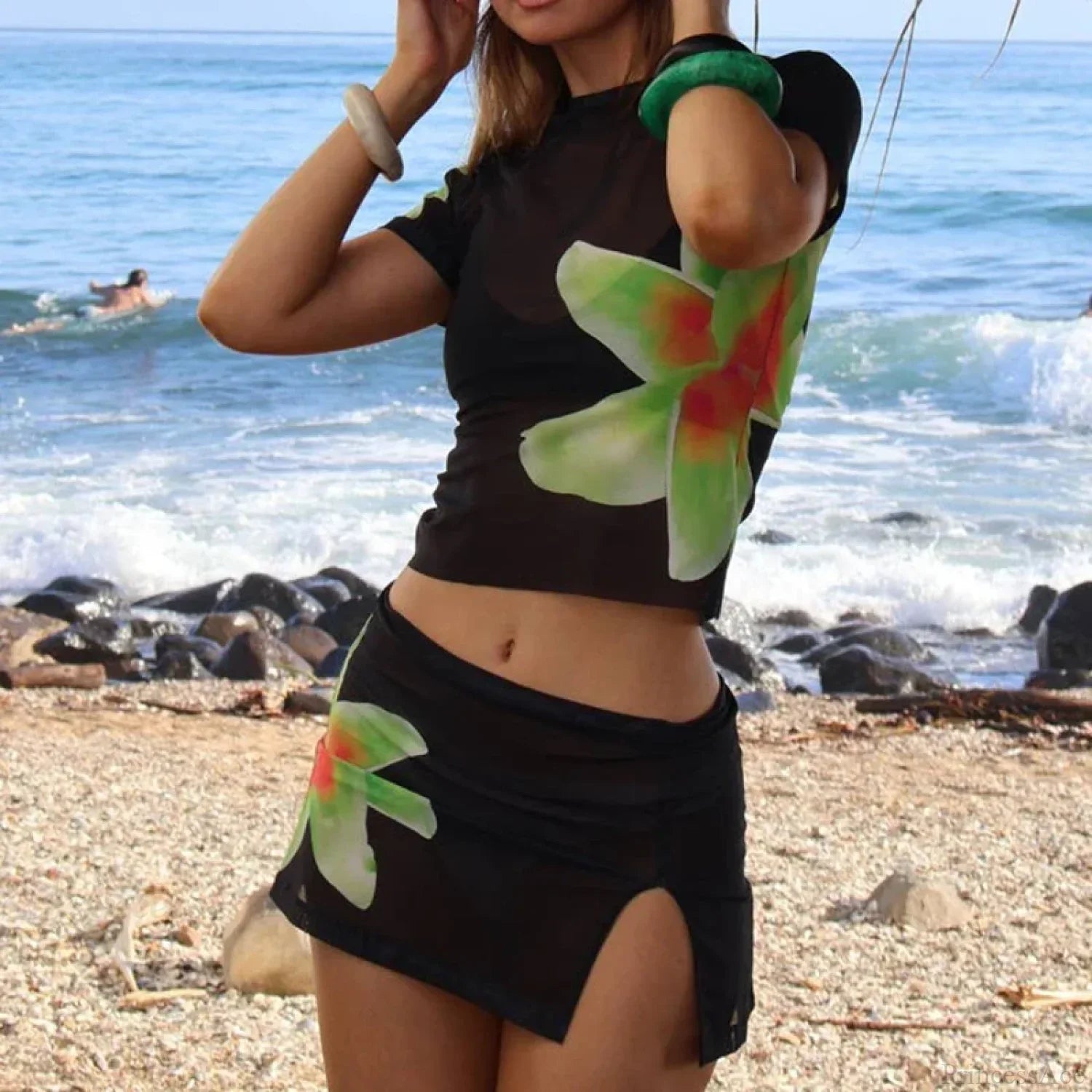 Beach Holiday 2 Piece Floral Print Sheer Mesh Short Sleeve T-Shirt + Mini A-Line Skirt Women Summer Cover-Ups Crop Tops 