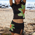 Beach Holiday 2 Piece Floral Print Sheer Mesh Short Sleeve T-Shirt + Mini A-Line Skirt Women Summer Cover-Ups Crop Tops 