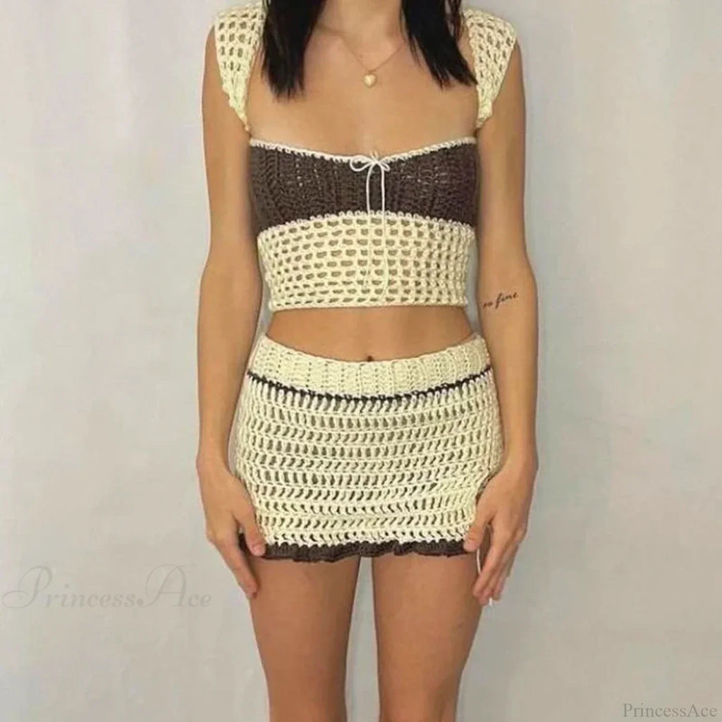 Beach Holiday 2 Piece Sets Crochet Hollow Out Crop Tops Backless Tie Up Knitted Tank + Mini Pencil Skirt Y2K Vintage Out