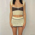Beach Holiday 2 Piece Sets Crochet Hollow Out Crop Tops Backless Tie Up Knitted Tank + Mini Pencil Skirt Y2K Vintage Out