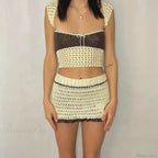 Beach Holiday 2 Piece Sets Crochet Hollow Out Crop Tops Backless Tie Up Knitted Tank + Mini Pencil Skirt Y2K Vintage Out