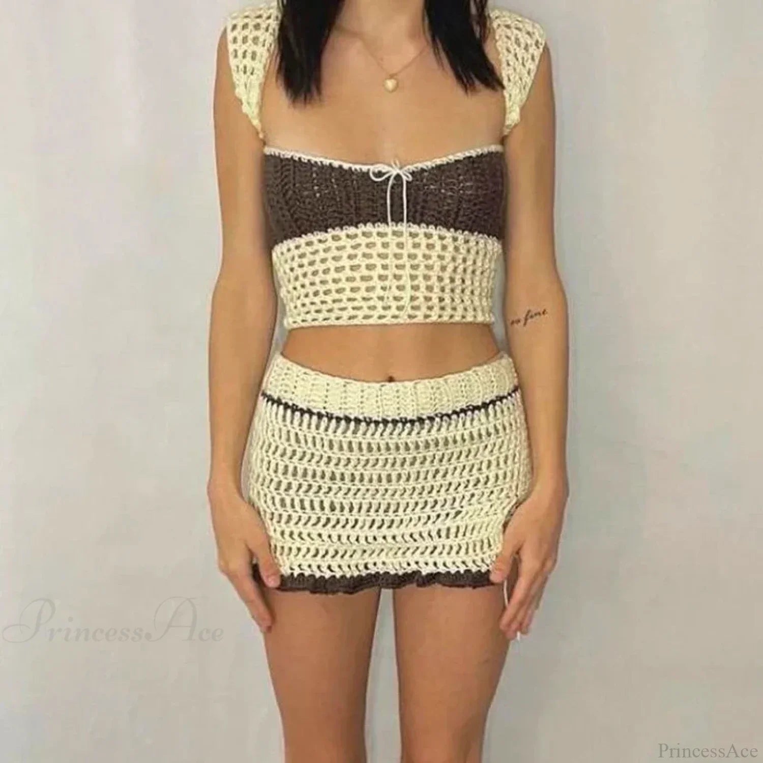 Beach Holiday 2 Piece Sets Crochet Hollow Out Crop Tops Backless Tie Up Knitted Tank + Mini Pencil Skirt Y2K Vintage Out