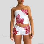 Beach Vacation Lounge Oufits 2 Pice Set Flower Print Strapless Crop Tube Tops Bandeau + Skinny Mini Skirt Wrap Bodycon W
