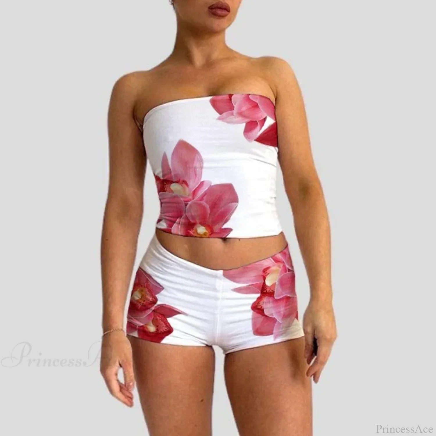 Beach Vacation Lounge Oufits 2 Pice Set Flower Print Strapless Crop Tube Tops Bandeau + Skinny Mini Skirt Wrap Bodycon W