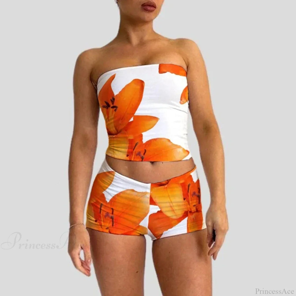 Beach Vacation Lounge Oufits 2 Pice Set Flower Print Strapless Crop Tube Tops Bandeau + Skinny Mini Skirt Wrap Bodycon W