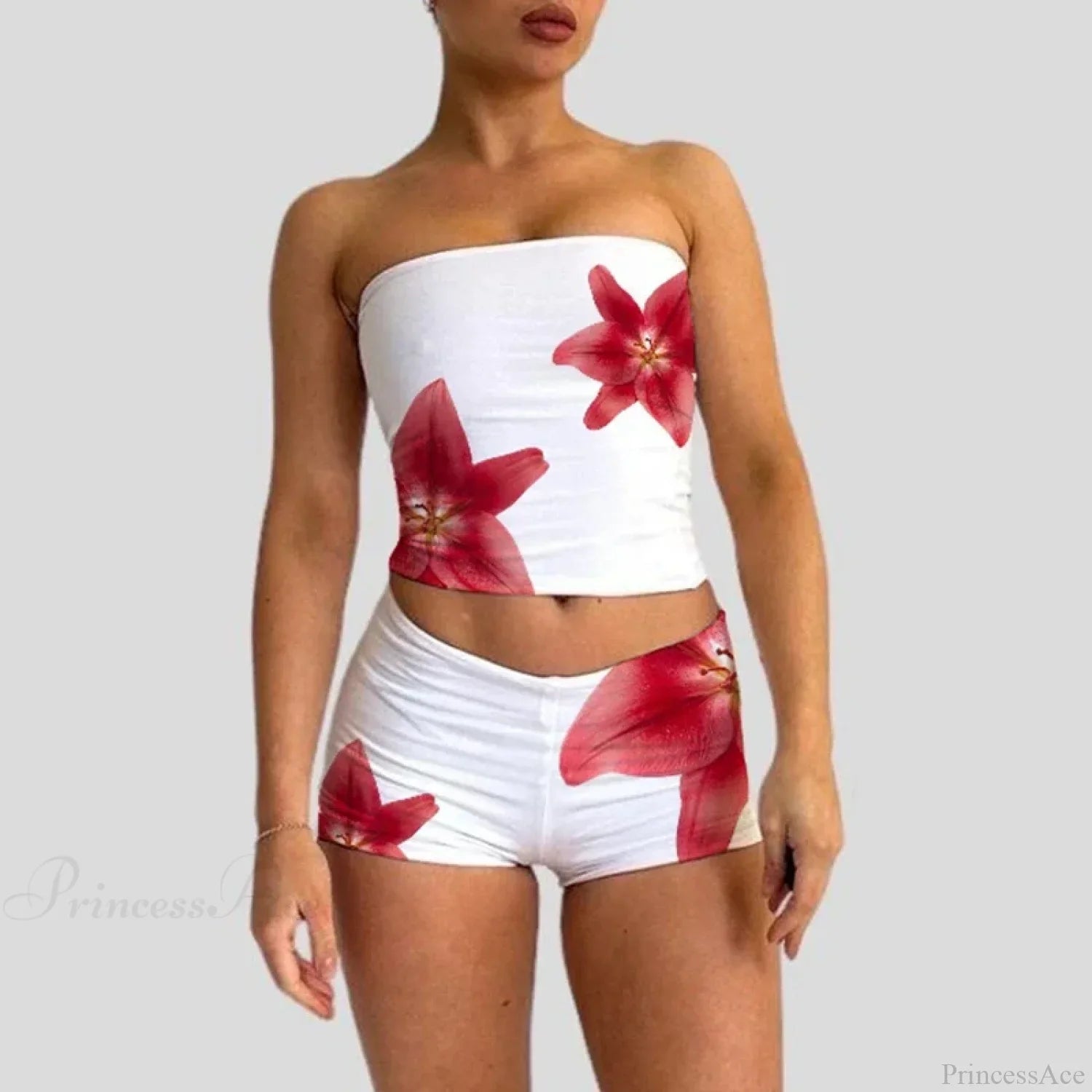 Beach Vacation Lounge Oufits 2 Pice Set Flower Print Strapless Crop Tube Tops Bandeau + Skinny Mini Skirt Wrap Bodycon W