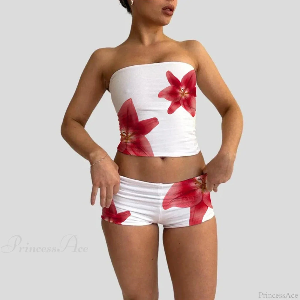 Beach Vacation Lounge Oufits 2 Pice Set Flower Print Strapless Crop Tube Tops Bandeau + Skinny Mini Skirt Wrap Bodycon W