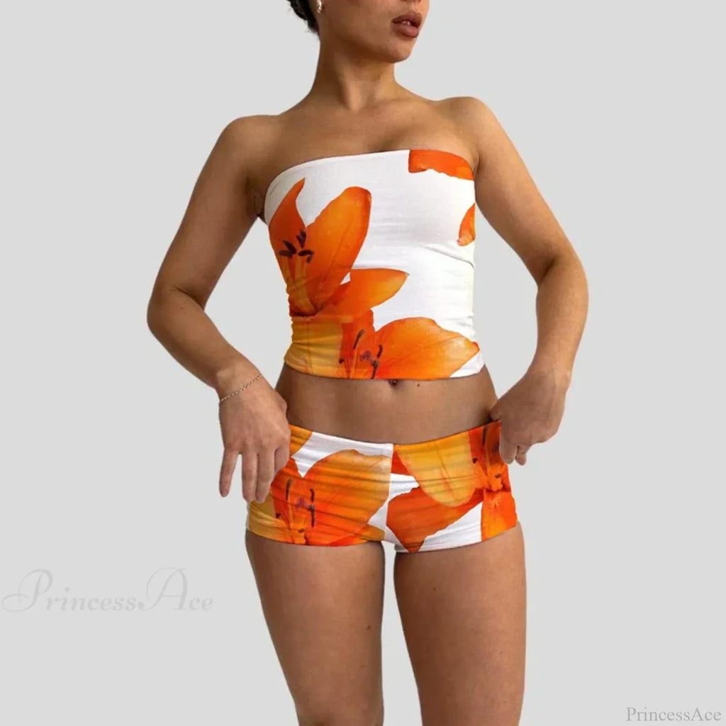 Beach Vacation Lounge Oufits 2 Pice Set Flower Print Strapless Crop Tube Tops Bandeau + Skinny Mini Skirt Wrap Bodycon W