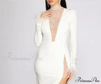 Beka Mesh And Heat Graceful Stone High Slit Dress